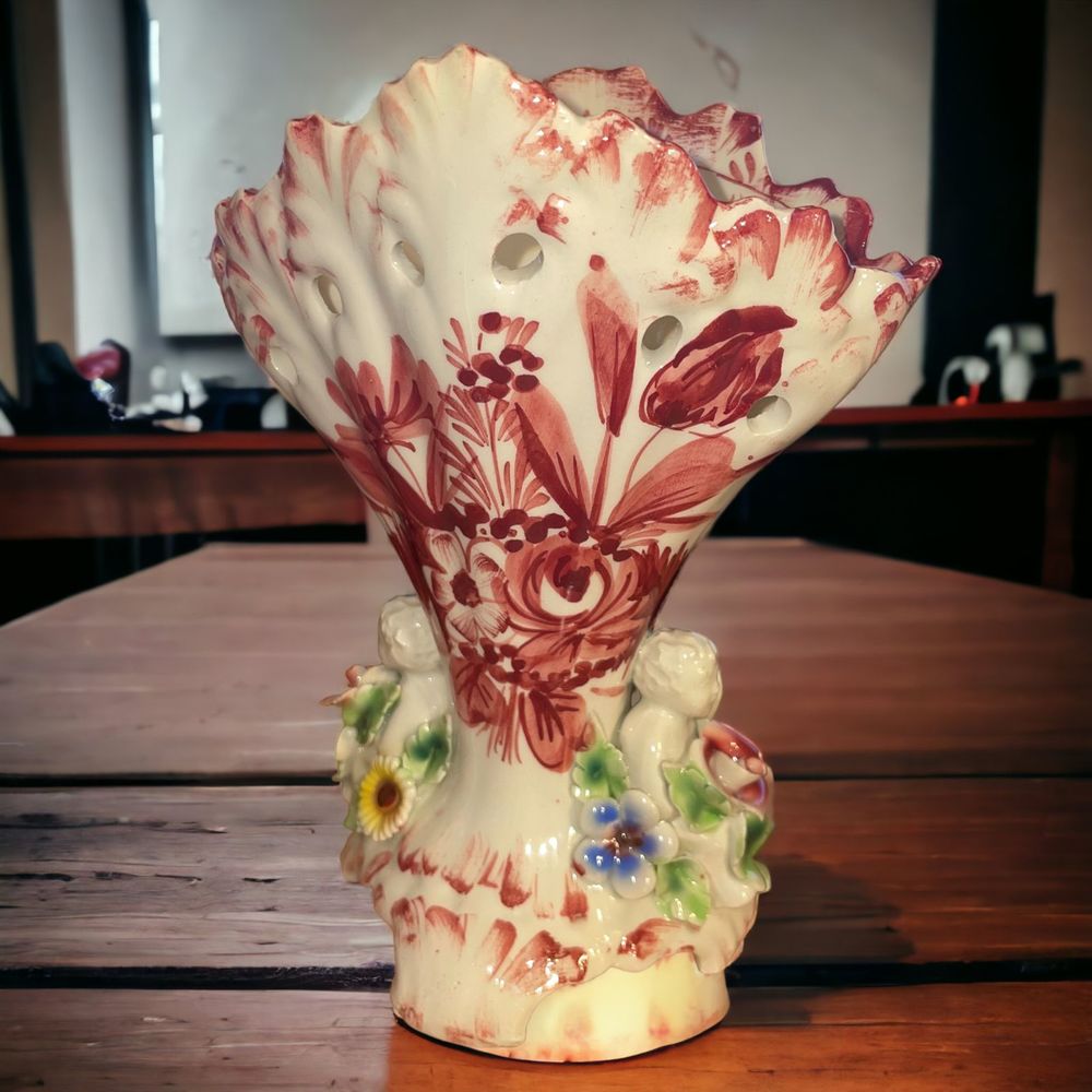 Vintage Capodimonte Italy Reticulated Painted Vase with Cherubs and Flowers